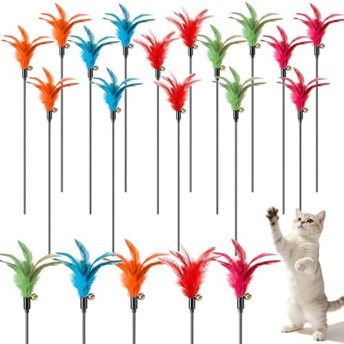 Leitee 15 Pcs Cat Feather Toy Wand Bulk Interactive Stick, Bright Color