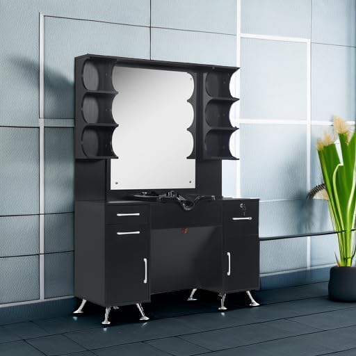 BarberPub Backwash Shampoo Bowl Cabinet, Wall Mount Station with Mirror, Storage Cabinet with Drawers & Shelf Salon Equipment 3141 (Black)