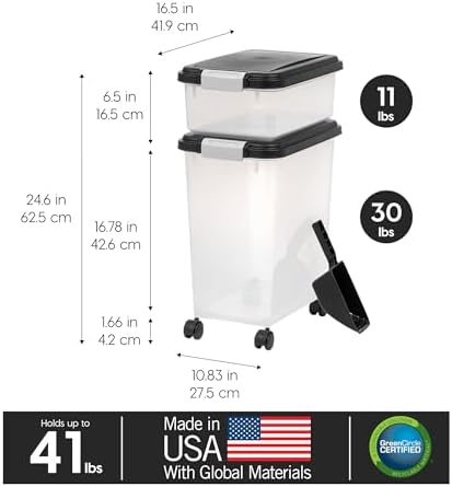 IRIS USA 30 lb + 11 lb Airtight Pet Food Storage Containers with Wheels