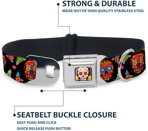 Dog Collar Seatbelt Buckle Colorful Calaveras Black Multi Color 16 to 23 Inches 1.5 Inch Wide