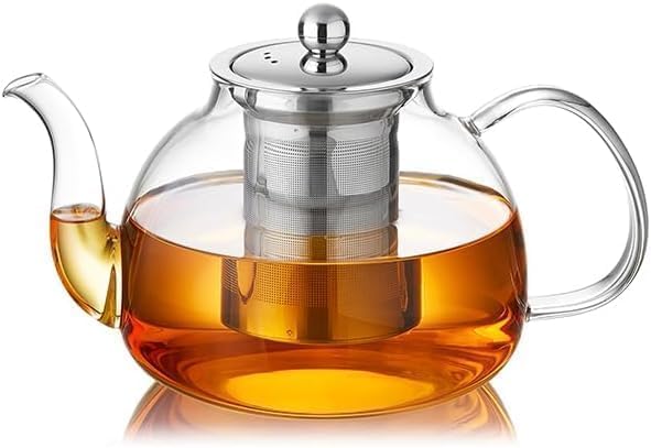 DOPUDO 39OZ (1150ML) Glass Teapot with Infuser Stovetop Safe, Clear Glass Tea Pot Kettle, Borosilicate Tea Pot with Infusers Filter for Loose Tea, Tea Kettle Dishwasher Safe
