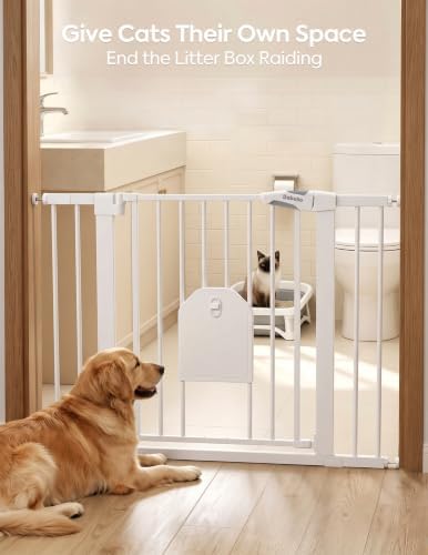 Babelio Auto Close Dog Gate with Cat Door, CatPrivilege I, 29-43" | Safety Gate for Doorway & Stairs, Easy Walk Thru with Pet Door, Includes 4 Wall Cups and 3 Extension Pieces, White
