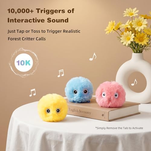 3 Pack Fluffy Cat Toy Ball, Interactive Chirping Plush Cat Toy with 3 Lifelike Animal Chirps & Refillable Catnip for Indoor Kitten & Small Pets