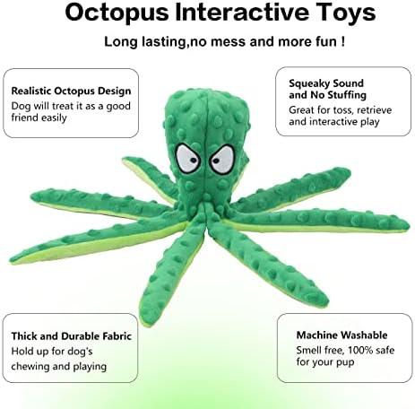 CPYOSN 2 Pack Octopus Dog Toys, No Stuffing Squeaky Crinkle Plush Chew Toys