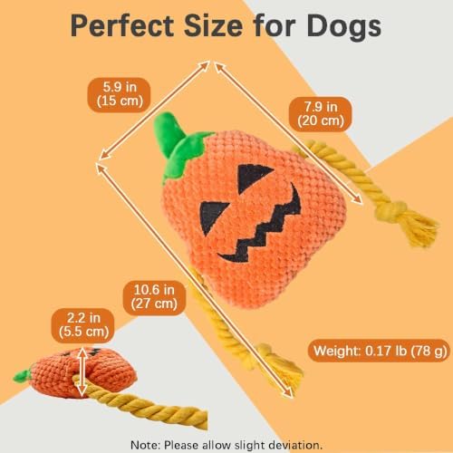 Orange Pumpkin Squeaky Plush Dog Chew Toy, 10.6 in Rope Crinkle Toy