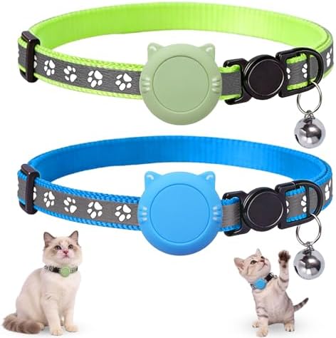 Tensho 2-Pack Breakaway Cat Collar with Airtag Holder, Bell（Blue and Green）