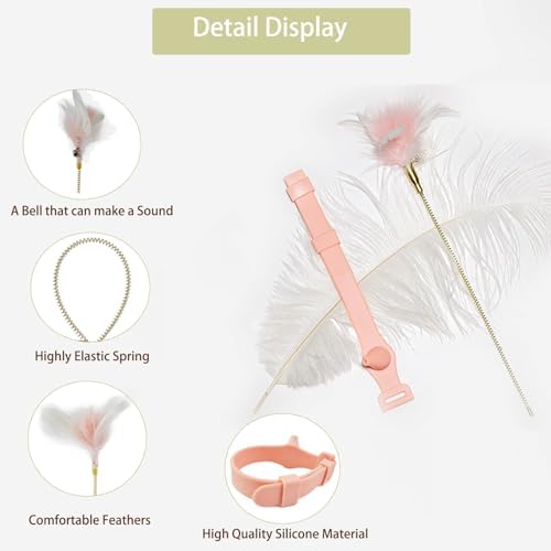 Cat Collar with Feather Toy Attached Interactive Cat Feather Wand Toy Kitty Teaser Toy Cat Neck Toy Hands Free Teasing Wand Feather Silicone Adjustable Collar for Indoor Cat Exercise