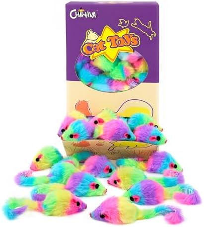 CHIWAVA 36PCS 1.8" Rainbow Color Furry Cat Toy Mice with Rattle Kitten Play