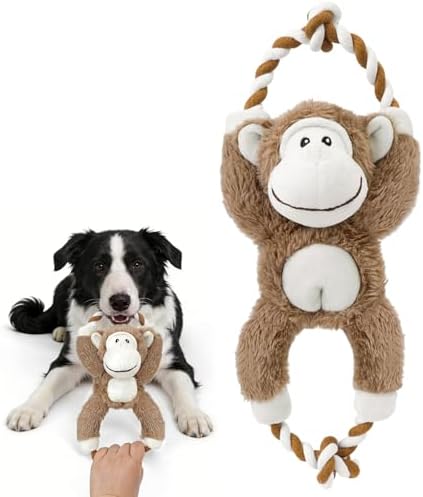 Squeaky Dog Plush Toys No Stuffing Interactive Puppy Chew Toys to Keep Them Busy, Durable Tug of War Dog Toys for Small, Medium and Large Breed - Monkey