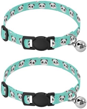 Cute Panda Teal Polka Dots Soft Polyester Pet Collar, 2 Pack Breakaway Cat Collars with Bell