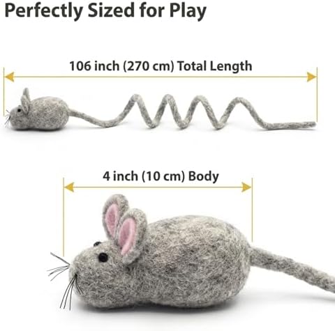 Glaciart One Felt Mouse Cat Toy – Soft Fuzzy Enrichment 100% Natural Wool - Interactive Catnip Play Cat Toy Set - Safe for Pets, Non-AZO Colored Dyes - 100” Long
