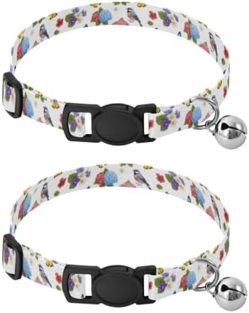 Colorful Birds Soft Polyester Pet Collar, 2 Pack Breakaway Cat Collars with Bell