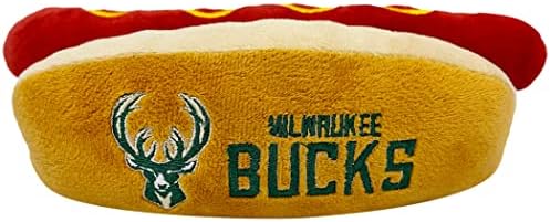 NBA Milwaukee Bucks HOT Dog Plush Dog & CAT Squeak Toy - Cutest HOT-Dog Snack Plush Toy for Dogs & Cats with Inner Squeaker & Beautiful Basketball Team Name/Logo