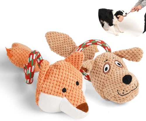 Squeaky Dog Rope Toys 2 Pack, Interactive Dog & Fox Design Plush Tug of War Toys with Dual Squeaker, Durable Cotton Chew Toys for Small Medium Dogs, Teething & Boredom Relief