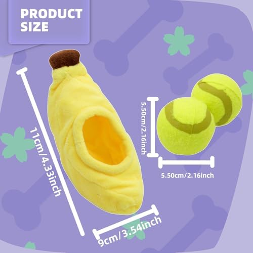 Andiker Dog Squeaky Toy with Plush Crinkle Fabric and Puppy Tennis Balls Inside, Cute Fruit Shapes Creative Dogs Chew Toy Interactive Dog Toys for Indoor Dogs Chasing Chewing Entertaining (Banana)