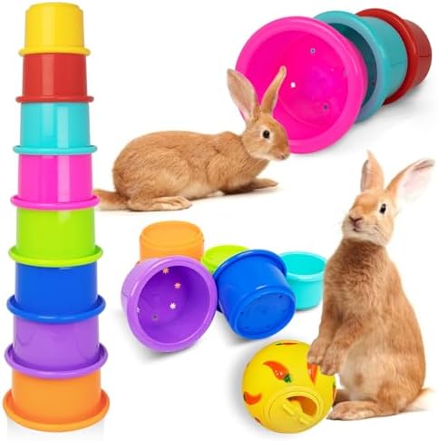 8 Pcs Colorful Stacking Cups and a Ball for Rabbits, Colorful Bunny Cups for Rabbits and Small Animals, Nesting Rabbit Cups of Different Sizes, Bunny Stacking Cups for Hiding Food and Playing
