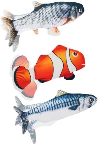 3 Pack Flopping Fish Cat Toy, Interactive Plush Cat Kicker Toy with Catnip Pocket, USB Rechargeable Wiggle Fish Set(Carp+Clownfish+Mackerel) for Indoor Kitten & Small Dogs, 3 Assorted Sizes