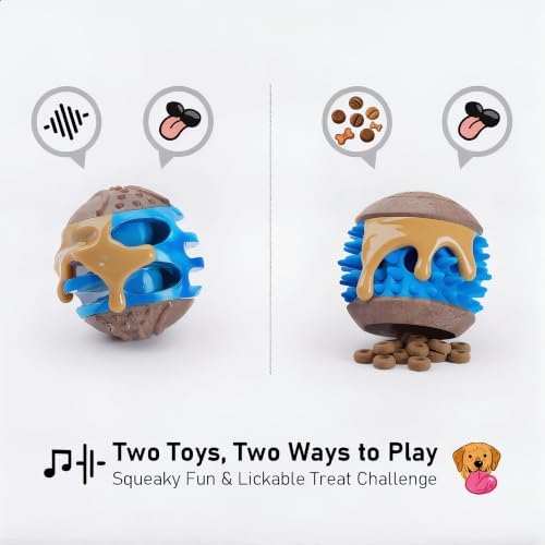 MECOOL 2PCS Durable Dog Chew Toys, Squeaky Chew Ball & Treat Dispensing Toy, Tough Nylon Ends & Natural Rubber for Aggressive Chewers, Interactive Puzzle Toys for All Breed Dogs,Bacon Flavored,Blue