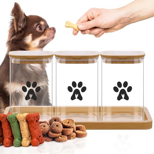3 Pack Airtight Dog Treat Containers with Bamboo Lids, 37 oz Pet Treat Jars