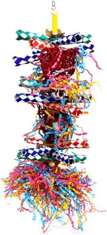 Bonka Bird Toys 1042 Huo Foraging Hearts Bird Toy for Medium Large Birds Interactive Shredding and Chewing Cage Toy Colorful Palm Leaf and Paper Enrichment Toy 12.5"