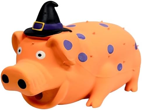 Multipet Globlet Pigs Dog Toy with Witch Hat, 8 Inch, Latex Squeaky Halloween Pet Toy, Color May Vary