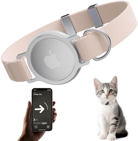 AirTag Cat Collar, Elastic Tracker Collar with Airtag Holder and Bell | Compatible with Apple Air Tag, Lightweight & Scratch Resistant, Adjustable Stepless GPS Pet Collar for Cats Kittens, Khaki