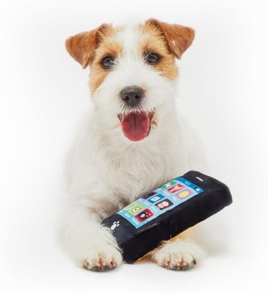 PetLondon Smart Phone Plush Puppy Dog Toy iBone, Realistic Dog Toy Phone Shape Black Plush London