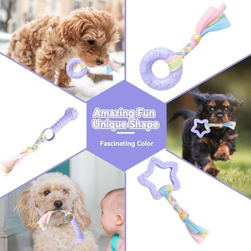 Petcare 6 Pack Puppy Teething Toys, Cute Purple Small Dog Chew Toys for Puppies 0-6 Months, Soft Rubber Rope Dog Teething Toys, Best Small Puppy Toys, Puppy Essentials Supplies