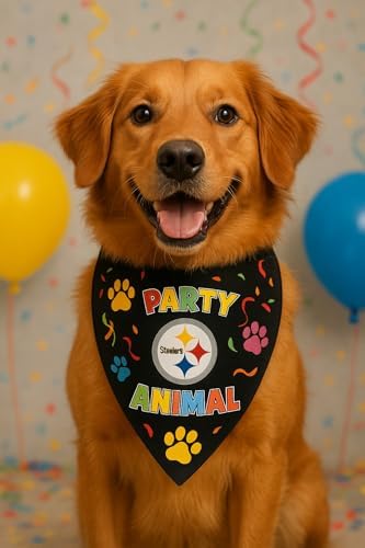 NFL Pittsburgh Steelers Pet Birthday Bandana, NFL Dog Birthday Party Set and Costume,Licensed Dog & Cat Birthday Party Scarf, Football Team Pet Outfit, Puppy Bday Accessory, Size Large/X-Large