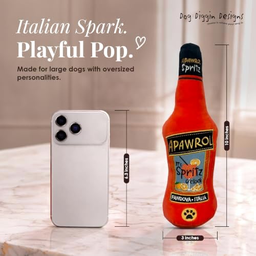 Dog Diggin Designs Apawrol Spritzer Plush Dog Toy | Luxury-Inspired Parody Drink Bottle Dog Toy with Squeaker, Soft Plush Novelty Dog Toy – Shaken, Not Stirred!