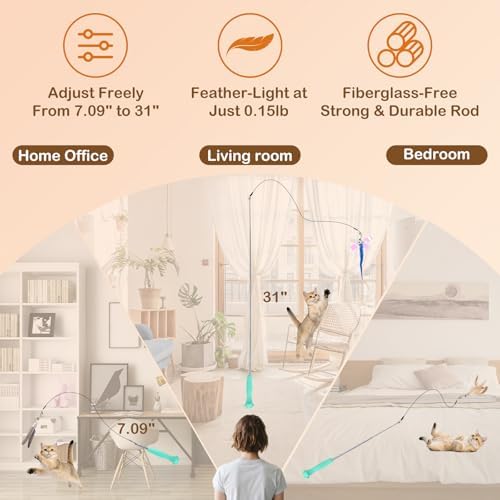 Cat Wand Toy – Retractable Wand with 4 Feather Toy Refills for Indoor Cats Enrichment, Interactive Cat Toy for Bored Adult Cats and High-Energy Kittens (HuntMaster)