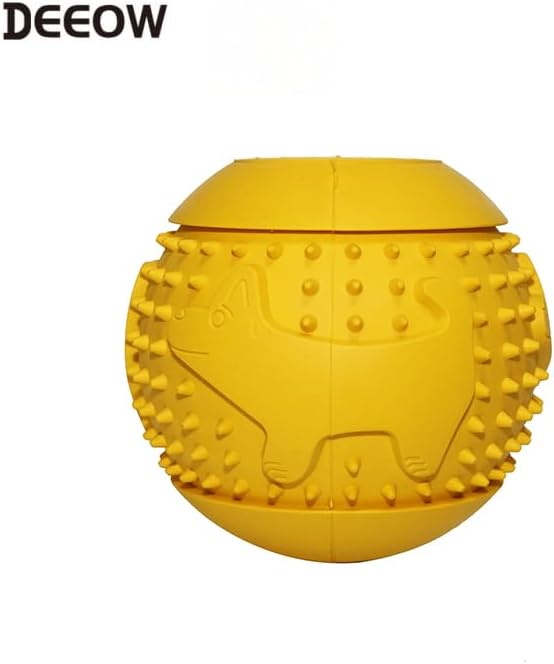 Deeow Rubber Dog Chew Toy Ball, Puzzle Feeder Pet Toy -3'' Yellow | Teething Puzzle Feeder Ball, Treat Dispenser Chew Toy, Rolling Rubber Dog Fetch Toy, Interactive Dental Care & Enrichment