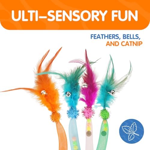 Cat Teaser Toys with Feathers and Bells, Flexible Tube 4-Pack