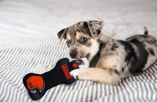 Pets First NFL Cleveland Browns Football Dental Tough Dog TUG Bone Toy with Built-in Squeaker Attached to a Safe Rubber Teething Toothbrush PET Toy, Team Color, 14 x 5 (CLE-3310)