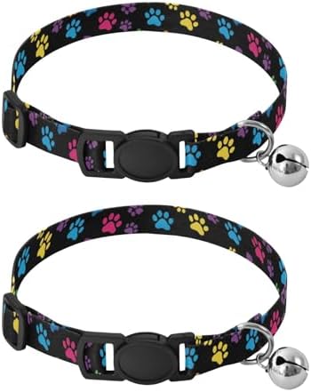 Paw Black Collar with Bell for Dog Puppy 2 Pack Cat Collars Adjustable 10.6 to 17.1 Inches