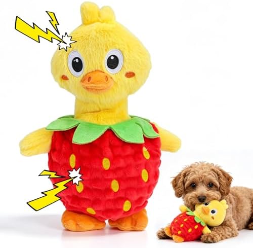 EXPAWLORER Interactive Squeaky Dog Chew Toy, 2-in-1 Detachable Strawberry & Duck Dog Toys, Stuffed Soft Plush Crinkle Fetch Toy with Squeakers in Head & Body for Puppy Small Medium Dogs, Yellow & Red