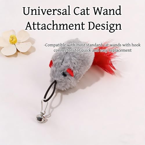 3 Pack Cat Wand Refill Toys Gray Mice with Feather Mice Toy for Cats Cat Feather Toy Refill Wand Attachment Interactive Refills for Feline Play