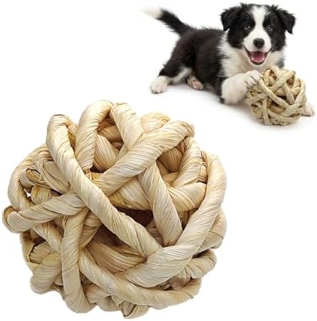 Natural Dog Chew Toy, 1pcs Woven Grass Chew Ball for Dogs, Dental Teething Toy & Interactive Fetch Toys, Outdoor Rattan Digestible Chew Ball for Boredom Relief - CornLeaf
