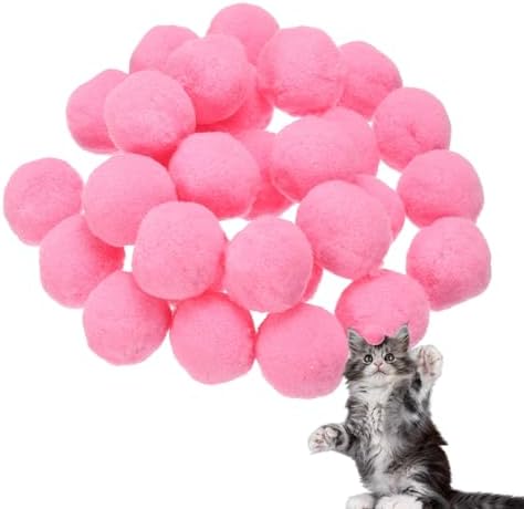 Cat Toy Pom Ball, Interactive Cat Ball Toys Fuzzy Pompoms (Plush, 1.2Inch, 30Pcs, Pink) for Kittens Pet Enrichment Training Play Indoor