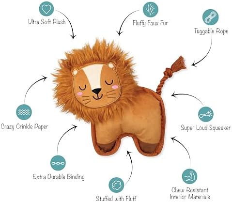 Fringe Studio Durable Plush Dog Toy with Rope, Tough Squeaky Dog Toy, “Lion Through My Teeth,” Petshop Collection (729215)