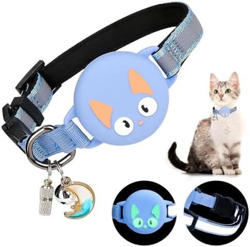 Reflective Breakaway Cat Collar for AirTag (1st & 2nd Gen) Holder - Waterproof Safety Buckle Kitten Collar with Bell, Luminous Lightweight GPS Tracker Case for Apple for Air Tag (Blue)