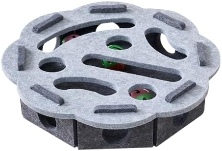 Interactive Cat Puzzle Feeder Toy – Felt Maze Box with 3 Jingle Balls – Mental Stimulation, Slow Feeding & Fun Exercise for Indoor Cats & Kittens (1,Round-Gray)