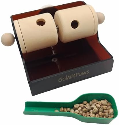 Rolling Treat Dispenser, Dual Wooden Roller Foraging Toy with Tea-Colored Acrylic Tray, Interactive Puzzle Feeder for Small and Medium Parrots