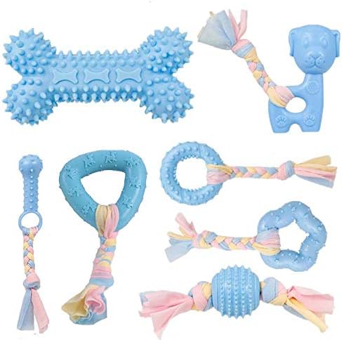 Dog Chew Toys, 7pcs Dog Puppies Teething Chewing Toy Set with Ball and Colorful Ropes, Interactive Pet Toys for Small and Medium Dogs (Blue)