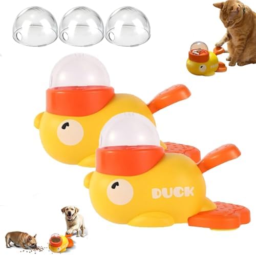 Duck Cat Treat Dispenser, Interactive Button-Operated Slow Feeder with 3 Grain Bin Covers, Puzzle Toy for IQ Training & Mental Stimulation (2pcs Yellow)