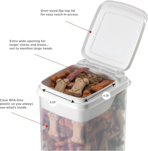Buddeez Pet Treat Container for Dogs and Cats - 3.5 Quart Flip Top Storage Bin - Bites And Bones Design - Airtight Food Holder