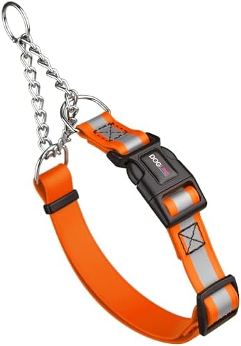 Dogline Reflective Martingale Collar for Dogs with Quick Release Buckle – Biothane Dog Collar with Herm Sprenger Assembly Chain – Waterproof No Pull Dog Collar, L 11”-15”, Hunter Orange