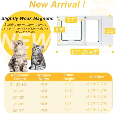 Cat Door for Window, Quick Damage-Free Install, 21"-23 4/5" Width Adjustable, All Aluminum Frame, 4-Way Lock, Magnetic Closure, Extra Window Sealing Strips (XS)