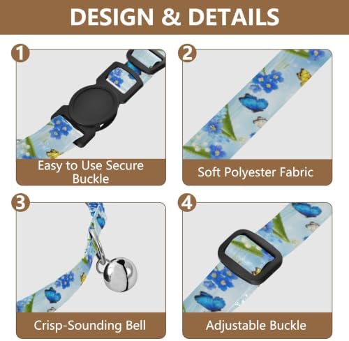 Blue White Flowers Cat Neck Collar, 2 Pack Breakaway Cat Collars with Bell