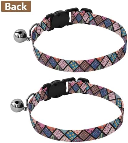 2 Pack Kitten Collar Colorful Geometric Squares Cat Collars with Bell, Adjustable 10.6 to 17.1 Inches